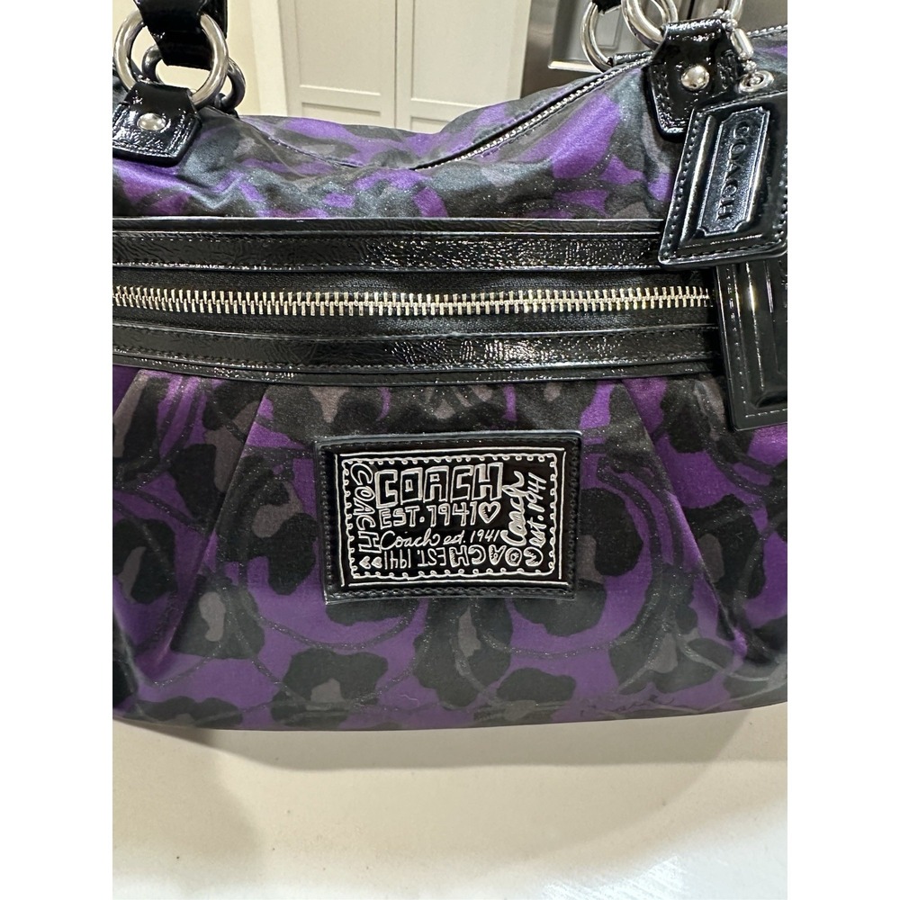Coach Poppy Daisy Leopard Ocelot Large Shoulder Bag Purple/Black F20060 - Picture 2 of 7